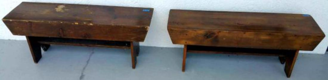 PAIR SIMPLE WOOD TRESTLE BENCHES: PAIR SIMPLE WOOD TRESTLE BENCHES 45" long by 17" high by 13" wide. Great for extra seating or for that trestle table you can't find the right chairs for. A new coat of paint or a little fa