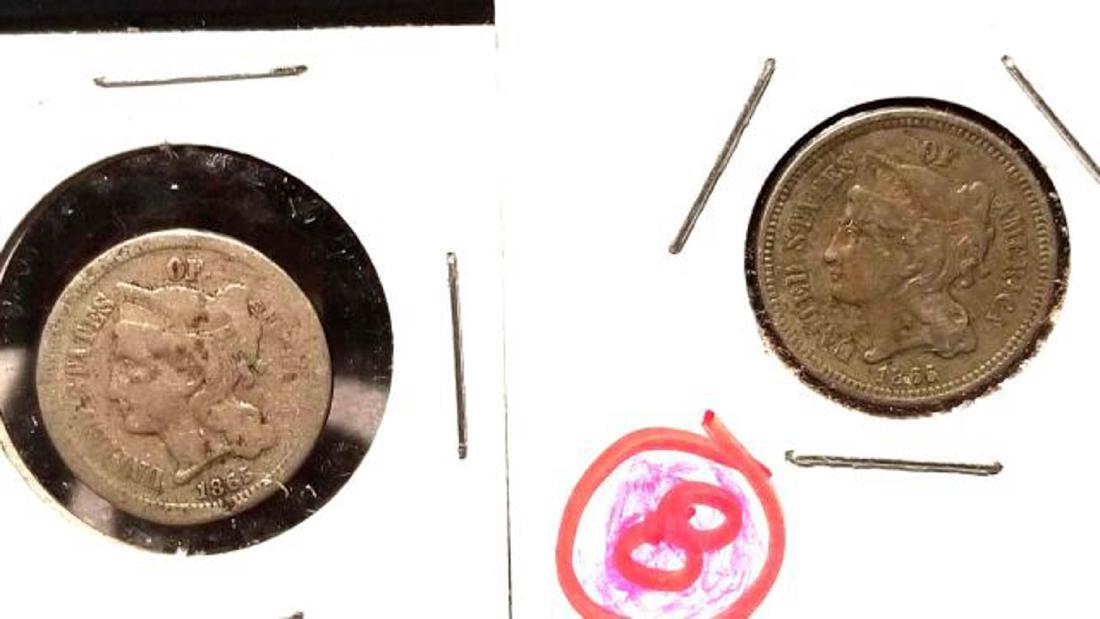 TWO (2) 1865 THREE-CENT PIECES (1 of 2)