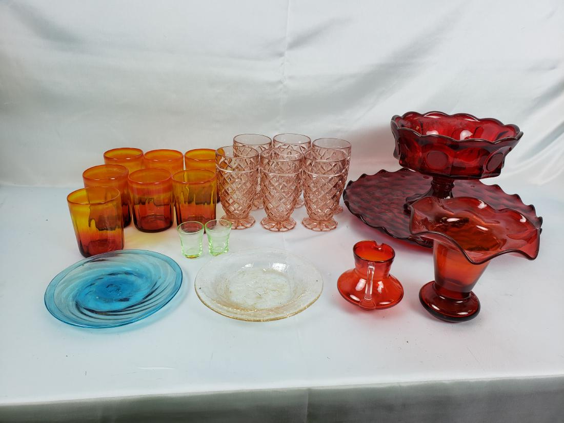 LOT OF RUBY, AMBER, COBALT GLASS: Plates, cups, vases, glasses make up this huge lot. Lots of lovely pieces in this group. Some look like the Pilgrim Glass I used to sell at a tourist store in VT.