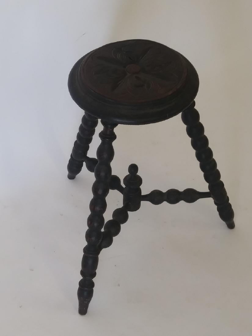 ANTIQUE THREE-LEGGED STOOL, SPOOL-TURNED, CARVED TOP (1 of 7)