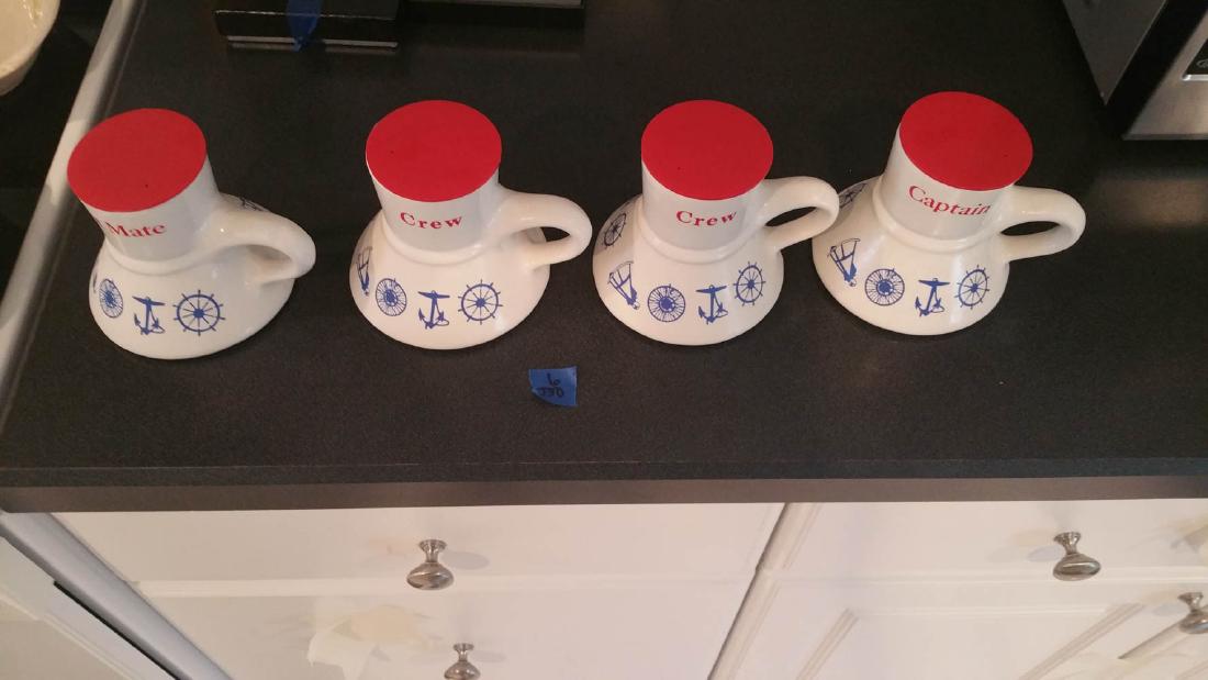 FOUR 1980's FELTMAN LANGER COFFEE CUPS Crew Mate Capt.: These are very popular with boat owners and indeed, anyone looking for nautical serveware. These were meant to go on boats, are spillproof with covered tops and heavy bottom. Here's a little of the hi