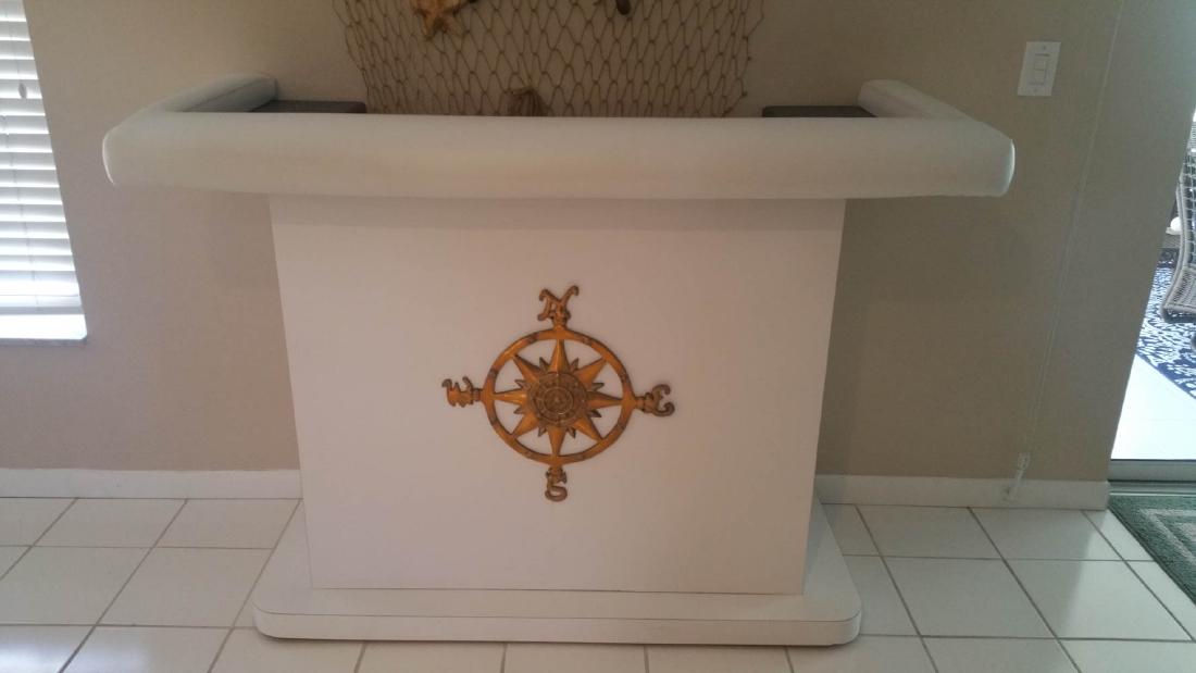 NAUTICAL BAR FOR YOUR MAN CAVE, TIKI HUT, LANAI: This awesome nautical bar, padded edge, white finish, storage in back, and beautiful BRASS COMPASS on front will be the envy of all your friends when you show this off in your man cave (or girl cave i
