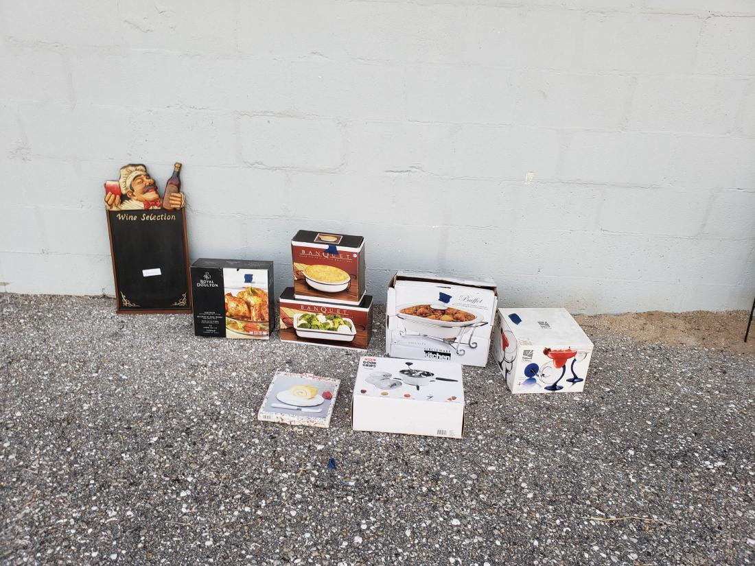 LARGE NEW BAKING COOKING SERVEWARE BARWARE LOT: In this large and all new lot, you are going to get the following.....chalkboard.....TWO new Banquet brand baking dishes, NIB, one ROYAL DOULTON baking covered 3 quart baking dish, NIB, one Circleware