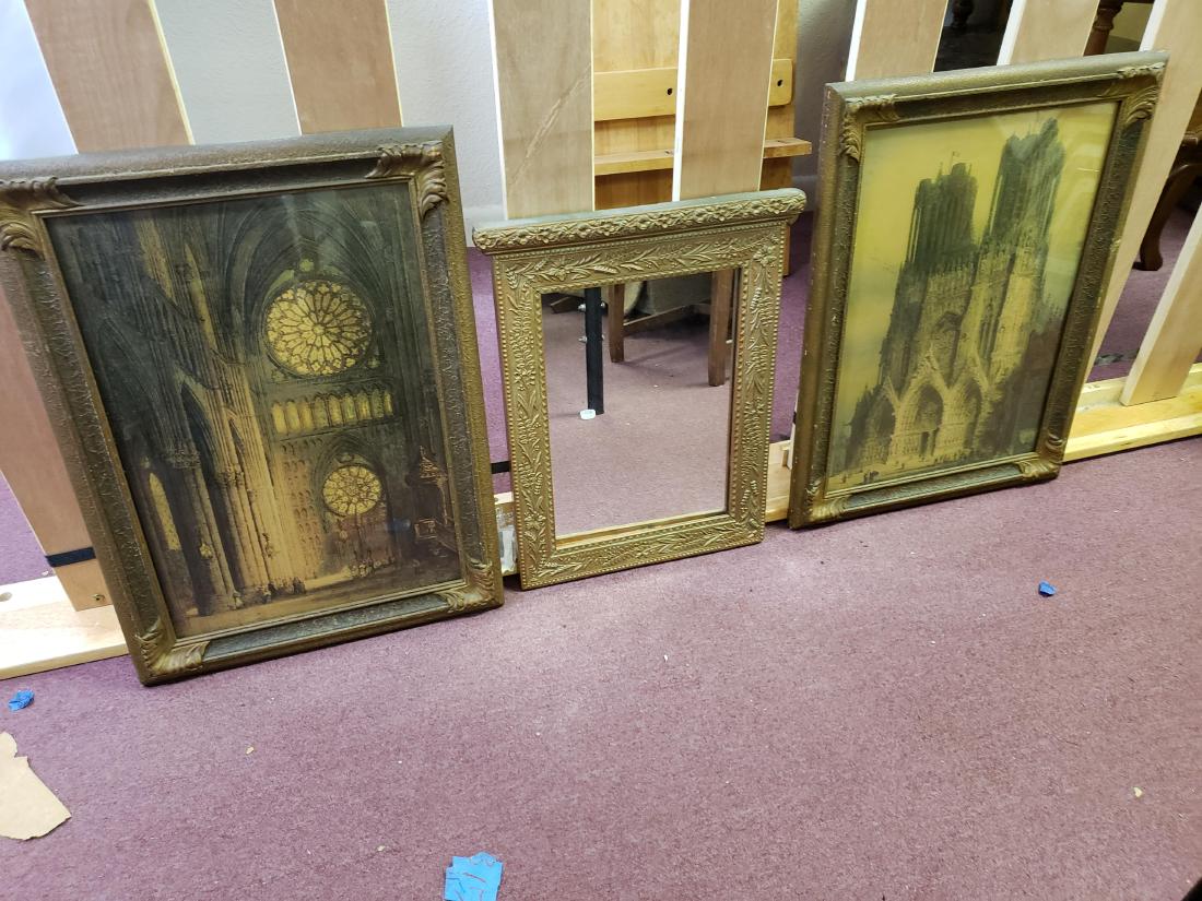 TWO ANTIQUE CATHEDRAL PRINTS AND AN ART NOUVEAU MIRROR: This is a gorgeous antique Art Nouveau mirror and two very old antique cathedral prints.