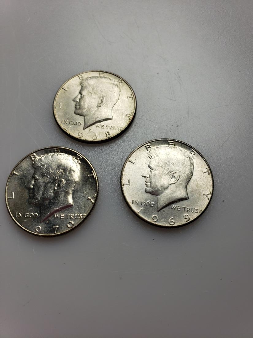 THREE KENNEDY SILVER HALF DOLLARS, all Denver mint (1 of 10)