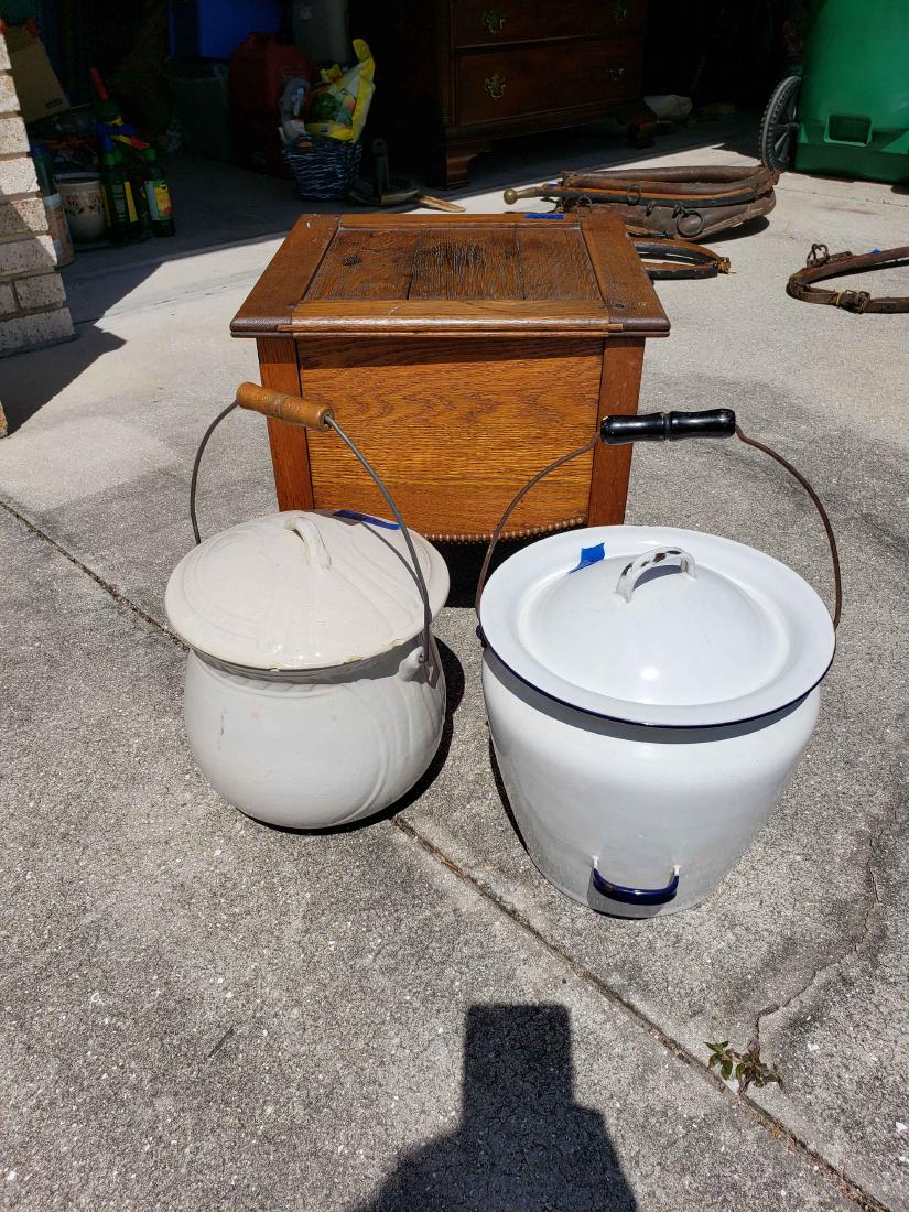 TWO WHITE ENAMEL ON METAL CHAMBER POTS, WOOD COMMODE (1 of 11)