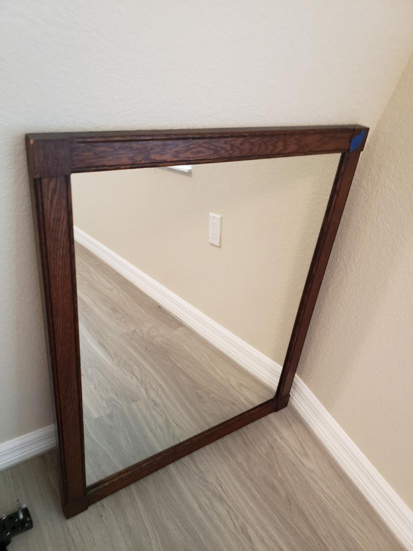 34x28 ANTIQUE ALL WOOD MIRROR: This is a very old mirror and how can we tell, a big hint is the all wood back. Modern mirrors do not have this. Nice size to hang at your entry way or to sit on an antique dresser. Even to hang in th