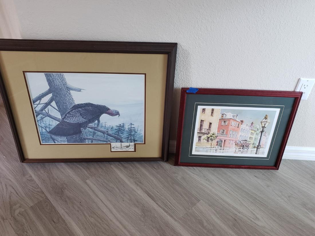 REMARQUE and EMERSON framed prints: REMARQUE sportsman's numbered print entitled FIRST CALL AT SUNRISE, showing wild turkey in tree. Even though there is quite a bit of information on the REMARQUE work of art, this researcher can find n