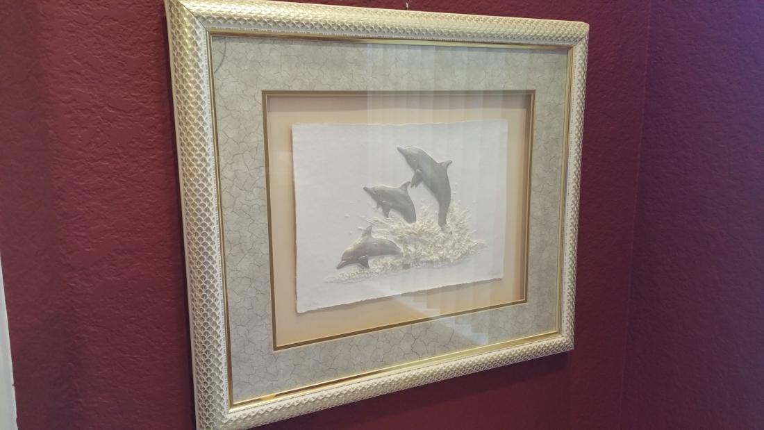 DOLPHIN PRESSED PAPER ART signed RANDY, 27X24: Signed and numbered 390/950 pressed paper art, signed Randy.