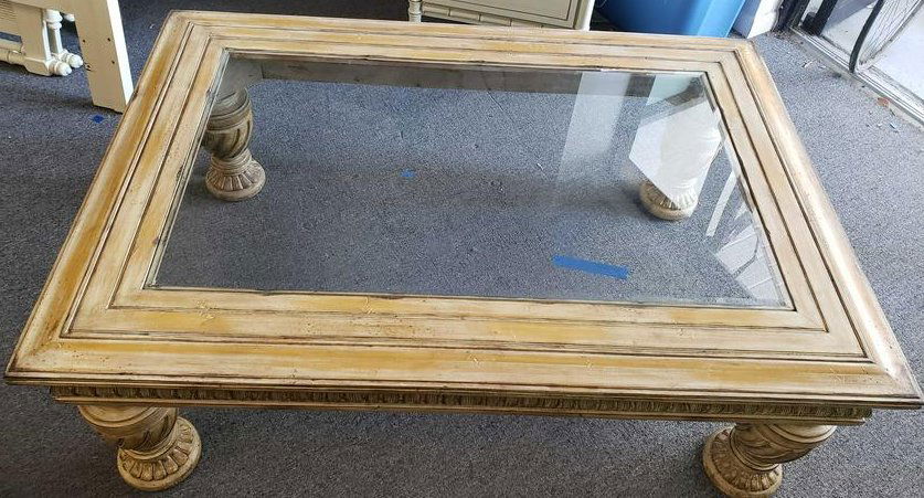 COFFEE TABLE, DISTRESSED, ORNATE CARVING, GLASS CENTER: This researcher LOVES this coffee table, so much pretty than many. Nice wood turned legs and carving on the edge withe beveled glass center in square/rectangular shape. So pretty!!