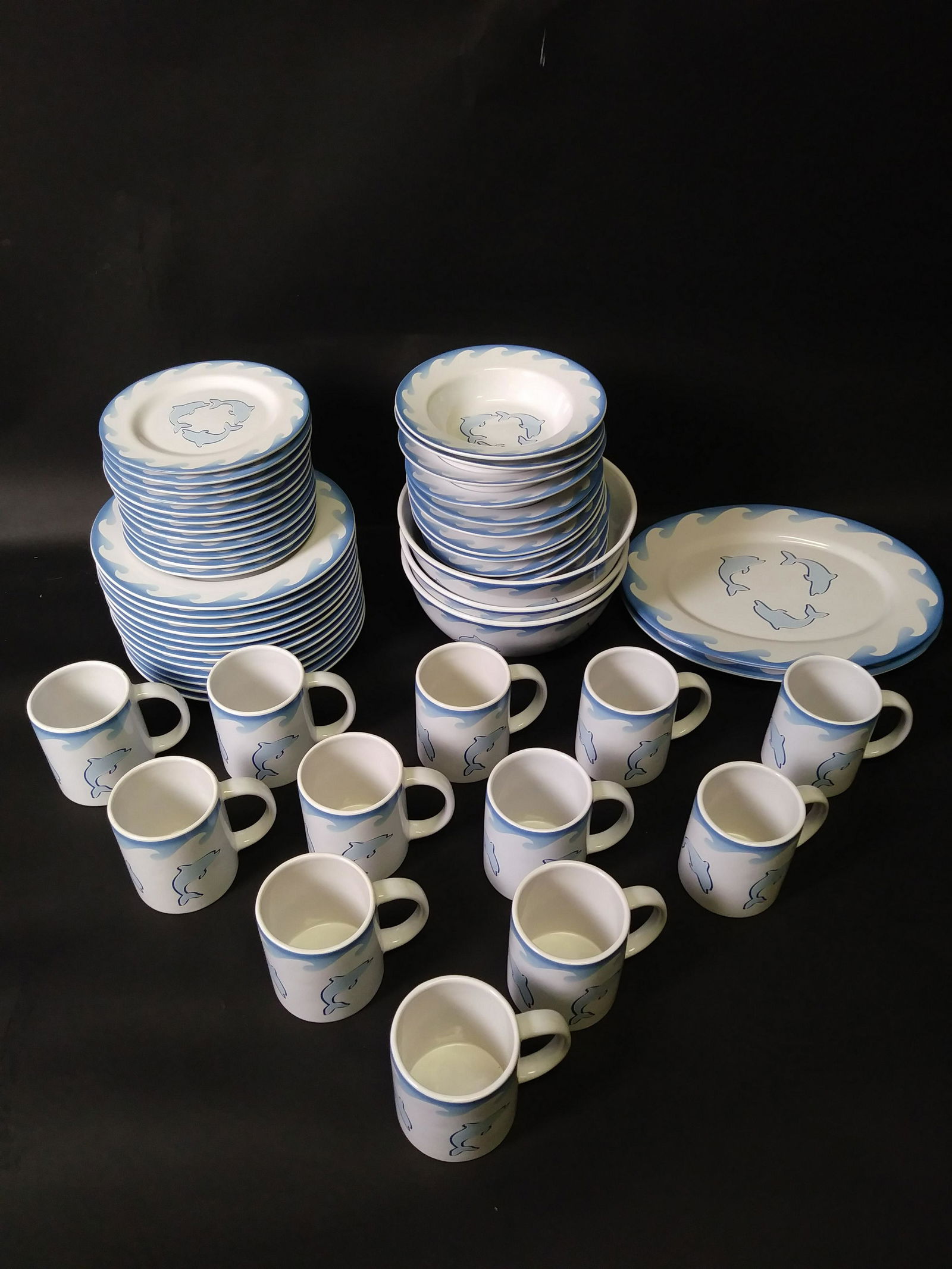 CIRCLE OF LIFE Dinnerware- SERVICE FOR 12 - FLORIDA: THIS IS A COMPLETE SERVICE FOR 12, just the way you like to see them. COMPLETE!! Here we have a blue on white ocean-themed large set of dinnerware, It is marked microwave safe and dishwasher safe, and