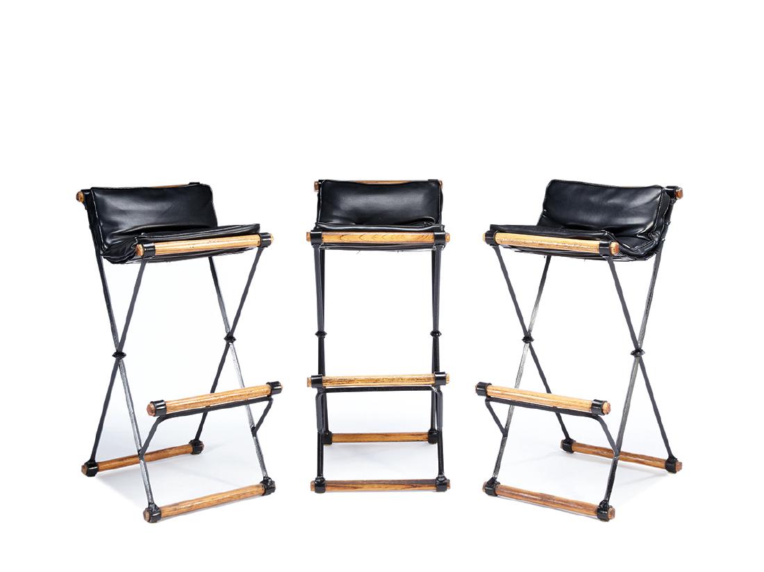 Cleo Baldon: X bar stools (3): Cleo BaldonX bar stools (3) Terra designed 1964 Model no. XBS-35 Each: 35" x 20" x 16" Literature: Terra Retail Price List. September 1964. N.pag.