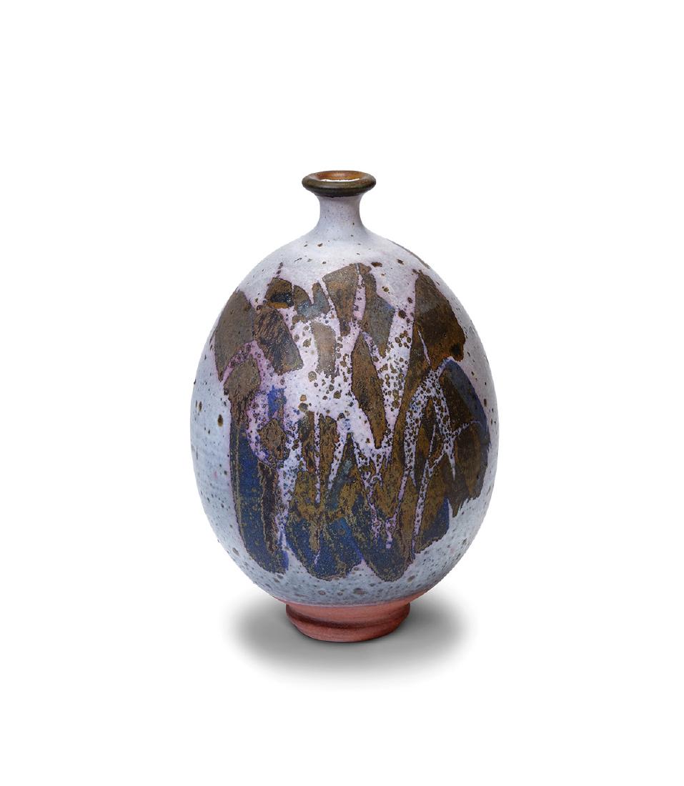Peter Voulkos: Vase: Peter VoulkosVase Studio executed c. 1950 Glazed stoneware 10.25" x 6.5" diameter Etched signature to underside Provenance: Millard Sheets, California; Thence by descent