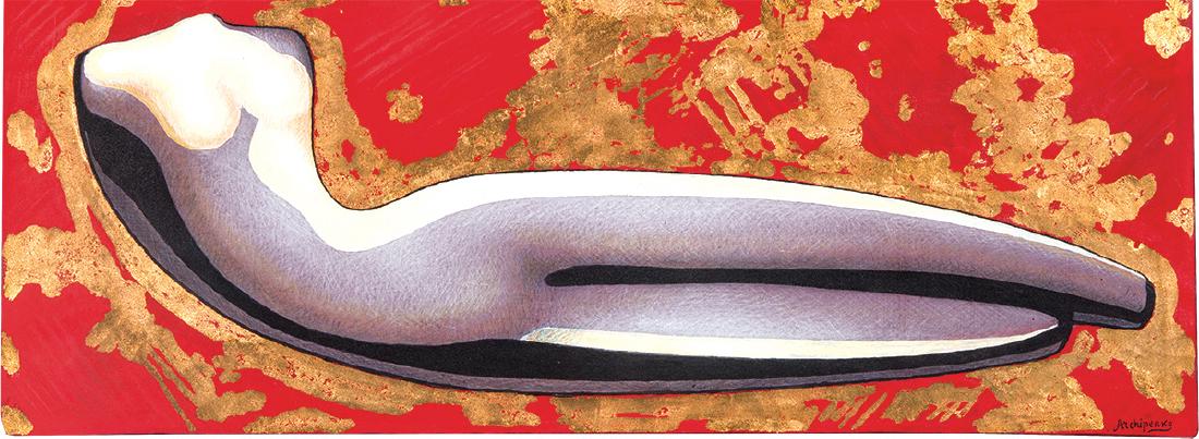 Alexander Archipenko: Torso in Space: Alexander ArchipenkoTorso in Space c. 1952 Oil, gold paint, gouache, and colored chalk on silk Composition: 13" x 35"; Silk (vis.): 17.5" x 39.75"; Frame: 19" x 41" Signed "Archipenko" in ink lower ri