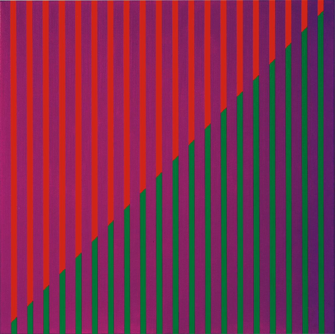 Karl Benjamin: #1: Karl Benjamin#1 1977 Oil on canvas Canvas: 31" x 31"; Frame: 32.5" x 32.5" Signed, titled, and dated on wooden stretcher verso; retains Louis Stern Fine Arts label verso Provenance: Property sold to b