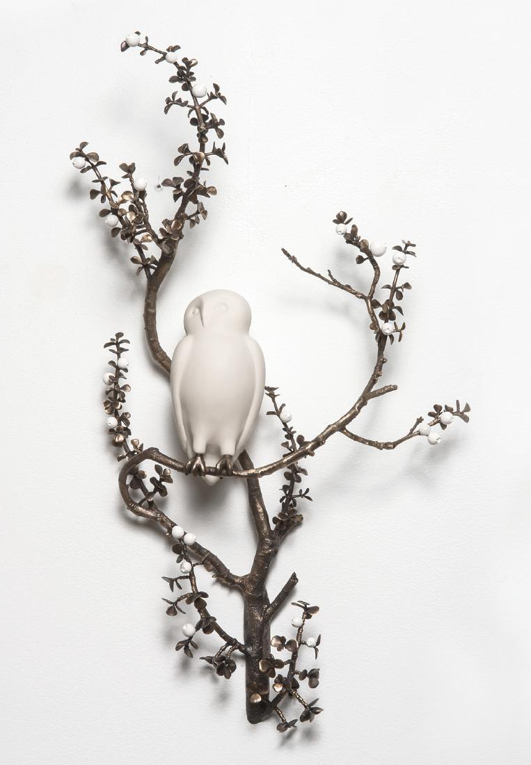 David Wiseman: Small Owl on Jade Branch: David WisemanSmall Owl on Jade Branch 2017 Porcelain and bronze 26.5" x 17" x 5" Provenance: Property sold to benefit the Palm Springs Art Museum