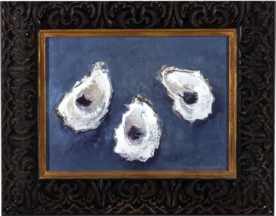 John Alexander: Oysters with Blue Background: John AlexanderOysters with Blue Background 1998 Oil on canvas Canvas (vis.): 8.375" x 11.375"; Frame: 14.125" x 17.125" Signed lower right; signed, titled, and inscribed "01128.11.98" in graphite canv