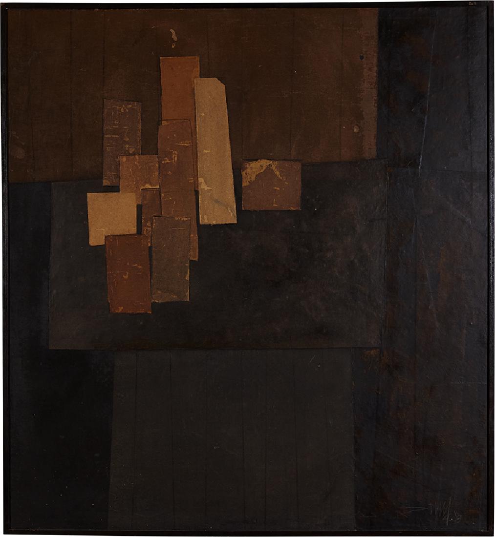 Jack Stuck: Still Life #9: Jack Stuck Still Life #9 1959 Together with copy of Comara Gallery appraisal dated January 12, 1977 Collage on Masonite Signed and dated lower right; retains Comara Gallery and Long Beach Museum of Ar