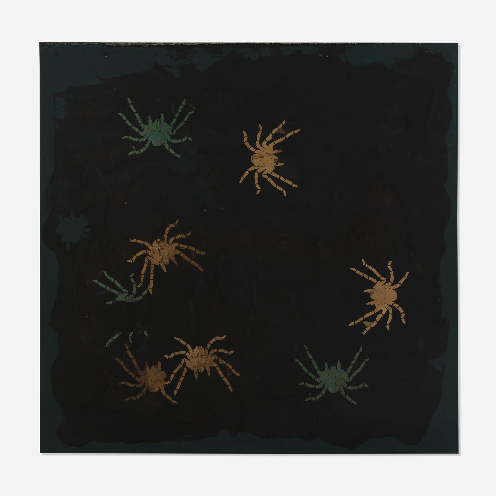 Ed Moses, Untitled Tarantulas: Ed Moses Untitled Tarantulas (from Rebecca's Restaurant) 1983painted glass window 73.75 h × 75.25 w in (187 × 191 cm) This painted glass window once adorned the Frank Gehry designe
