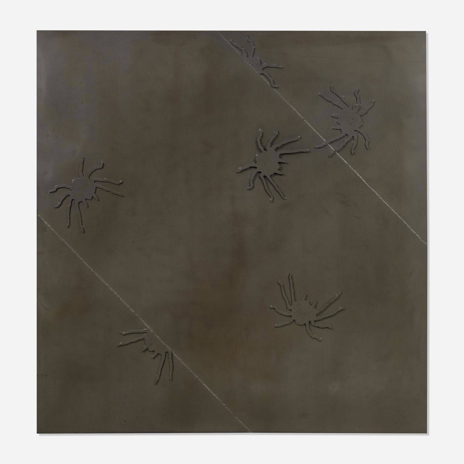 Ed Moses, Untitled Tarantulas: Ed Moses Untitled Tarantulas (from Rebecca's Restaurant) 1990metal panel 75.5 h × 73.25 w in (192 × 186 cm) This metal panel once adorned the Frank Gehry designed exterior of Rebec