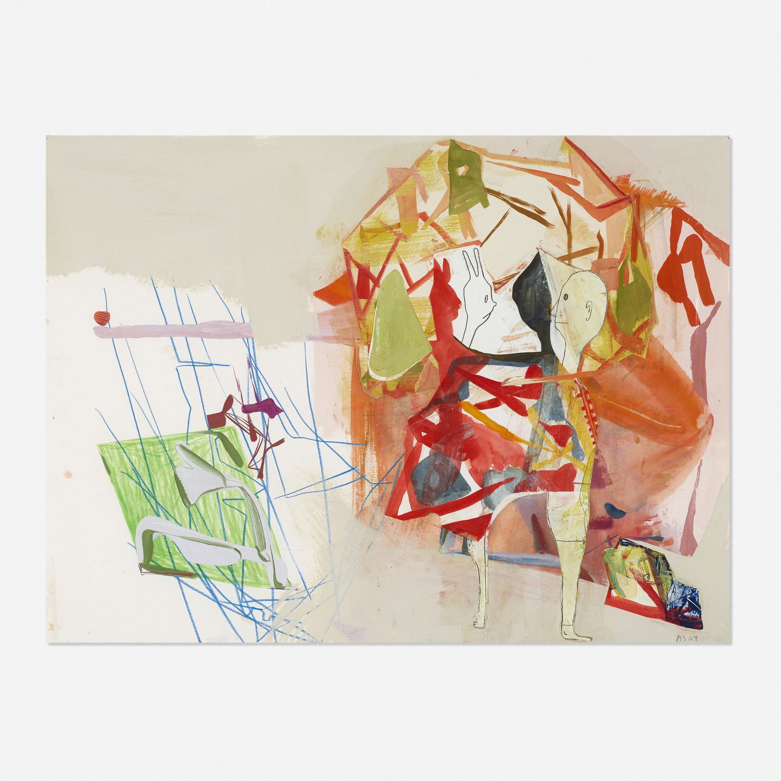 Amy Sillman, Untitled: Amy Sillman Untitled 2004mixed media with crayon, acrylic, pencil and collage on paper 22 h × 30 w in (56 × 76 cm) Signed and dated to lower right 'AS 04'. Provenanc