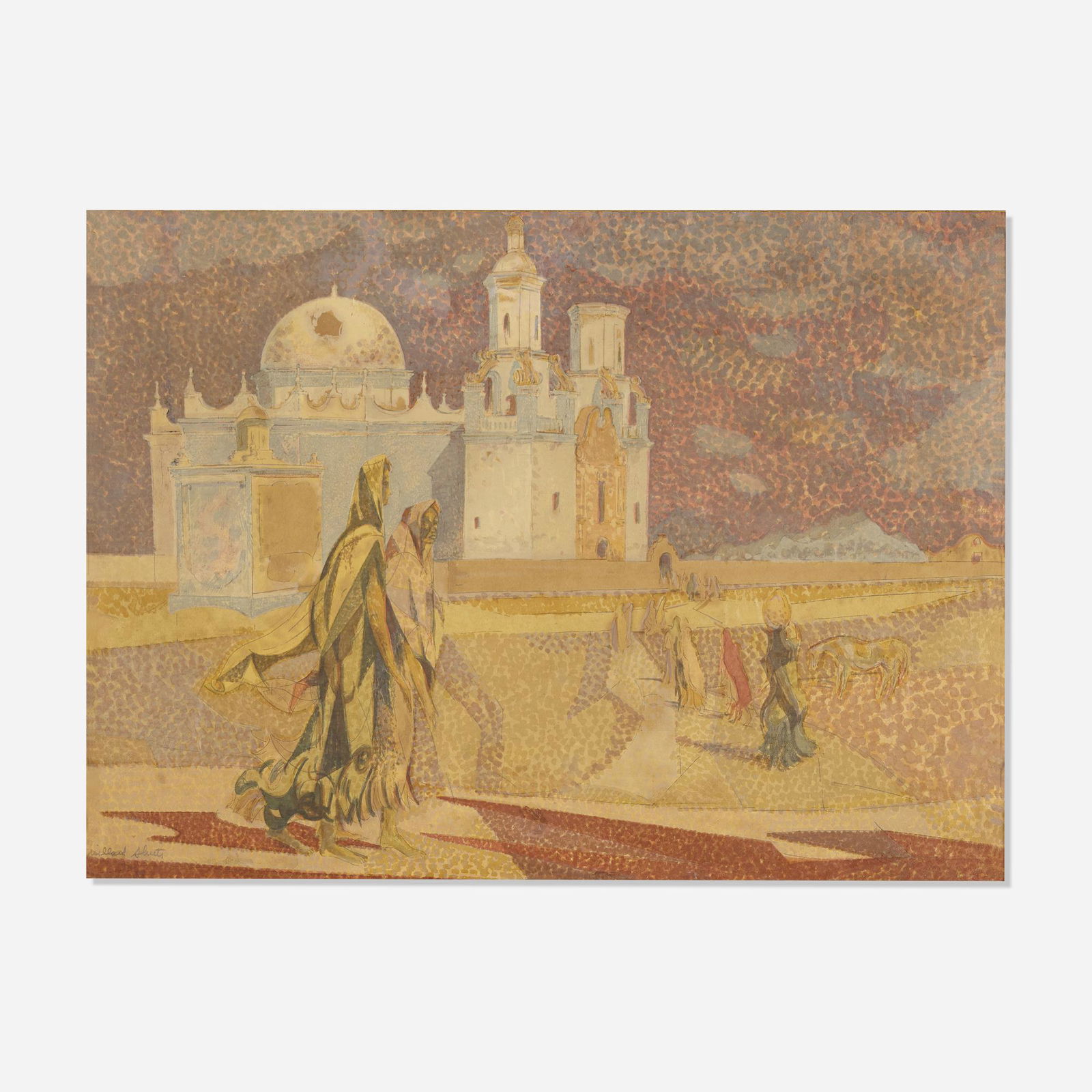 Millard Sheets, Untitled: Millard Sheets Untitled ink and watercolor on paper over board 21.75 h × 29.75 w in (55 × 76 cm) During World War II, Sheets documented the devastating effects of the war in India as an