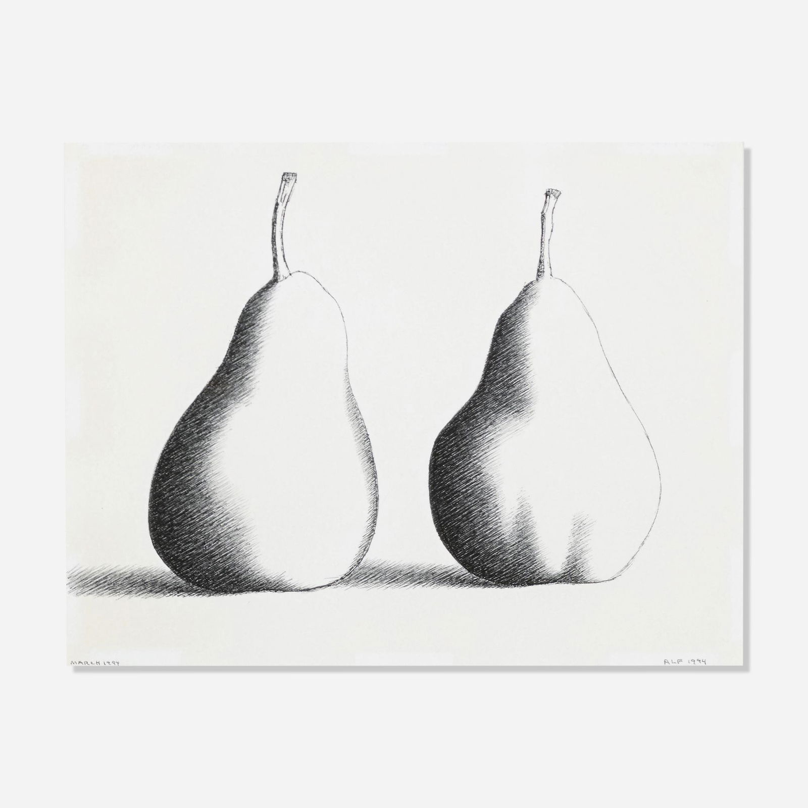 Martha Alf, Two Pears #50: Martha Alf Two Pears #50 1994ink on paper 8.25 h × 11 w in (21 × 28 cm) Signed and dated to lower edge 'March 1994 Alf 1994'. Sold with a digital copy of the original invoice from