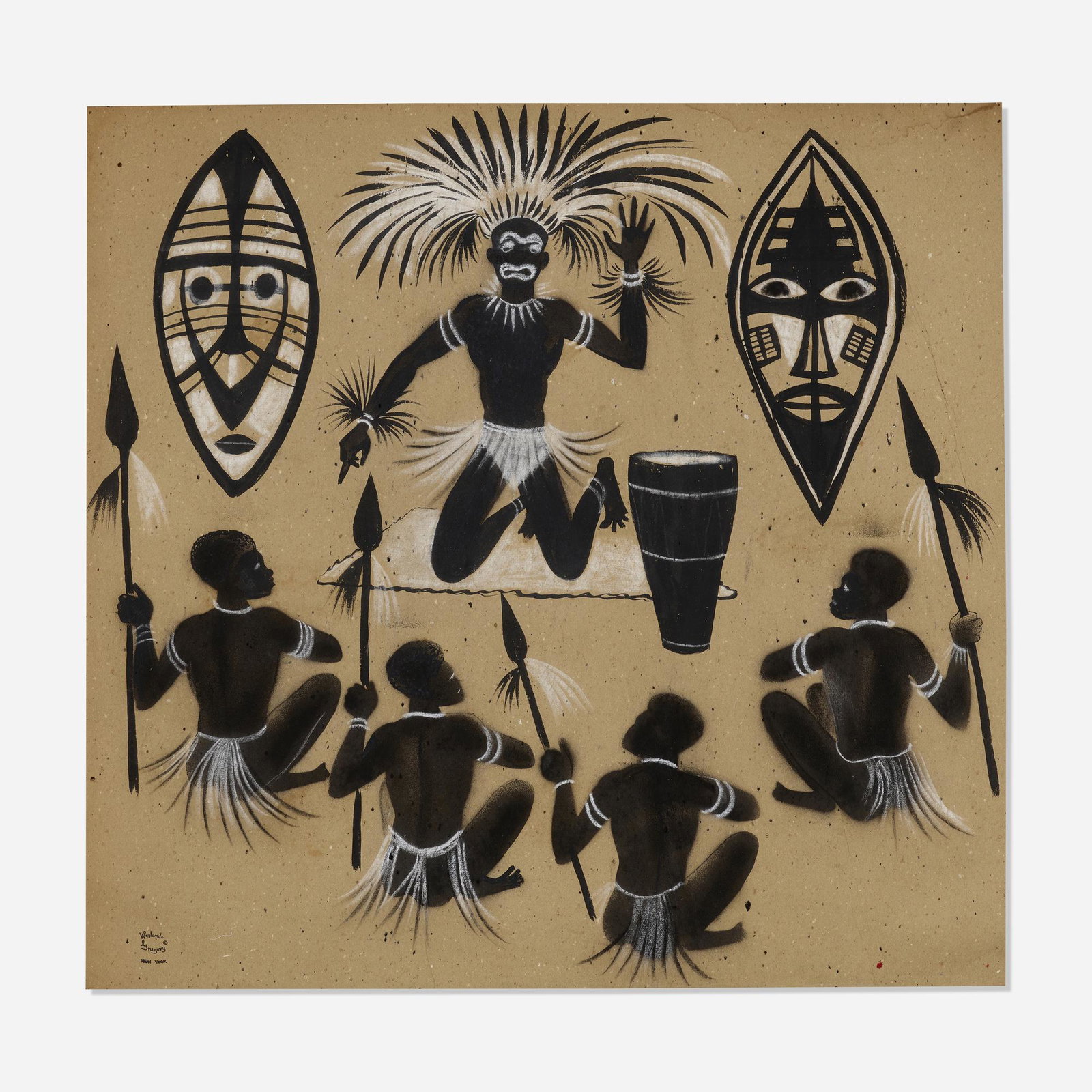 Waylande Gregory, Gathered Warriors: Waylande Gregory Gathered Warriors c. 1945 oil crayon and pastel on paper 35 h × 36 w in (89 × 91 cm) Artist's stamp to lower left. This work will ship from Rago