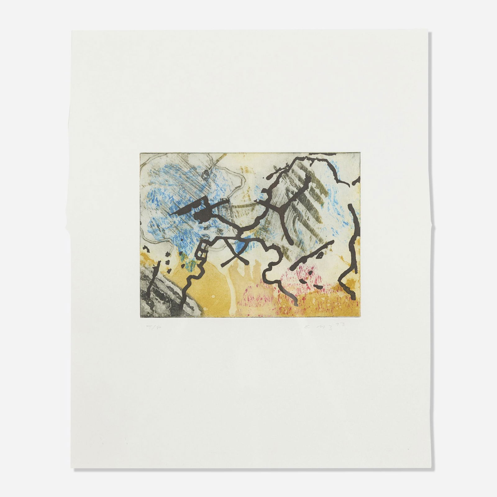 Ed Moses, Untitled (from the Kracked Portfolio): Ed Moses Untitled (from the Kracked Portfolio) 1993soft ground etching, white ground and sugar lift aquatint in colors sheet: 15.75 h × 13 w in (40 × 33 cm) image: 5.75 h × 7.75