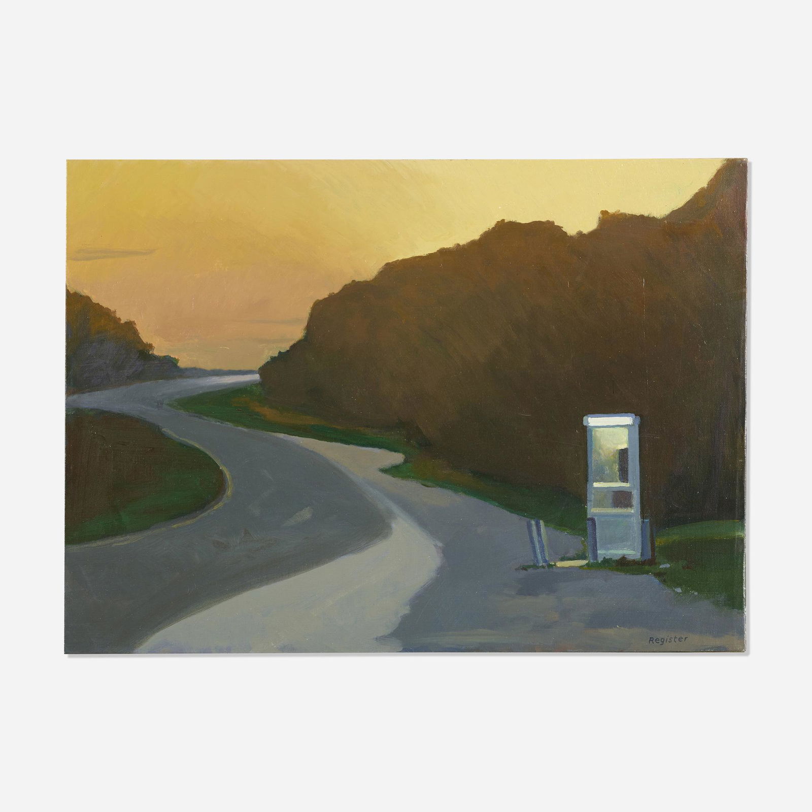 John Register, Phone Booth: John Register Phone Booth 1989oil on canvas 15.75 h × 22 w in (40 × 56 cm) Signed to lower right 'Register'. Sold with a digital copy of the original invoice from Modernism.