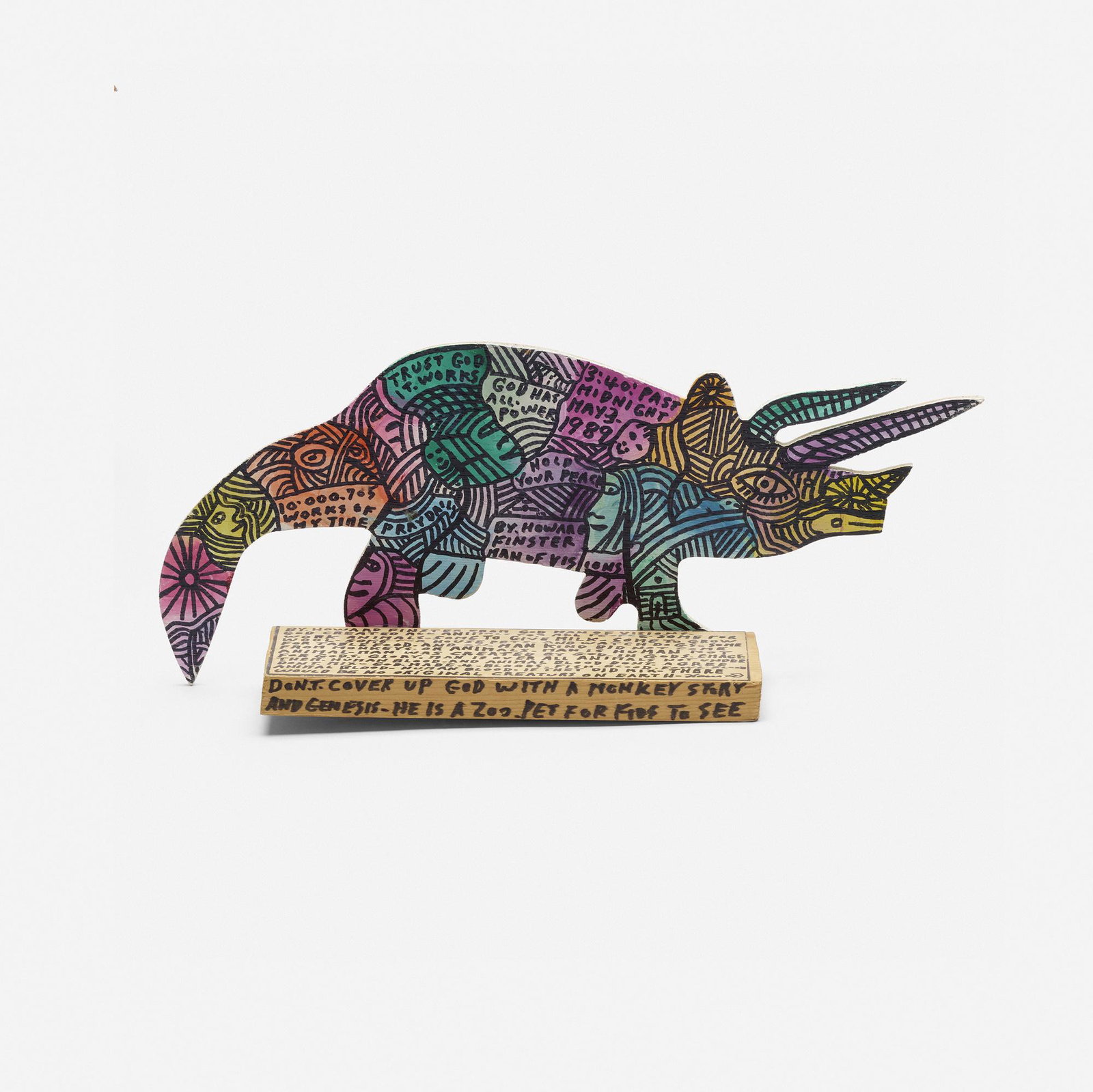 Howard Finster, Trust God It Works: Howard Finster Trust God It Works 1989 felt-tip marker and paint on wood 6.25 h × 15.5 w × 3.75 d in (16 × 39 × 10 cm) Signed, dated and inscribed to verso '10,000,705 w