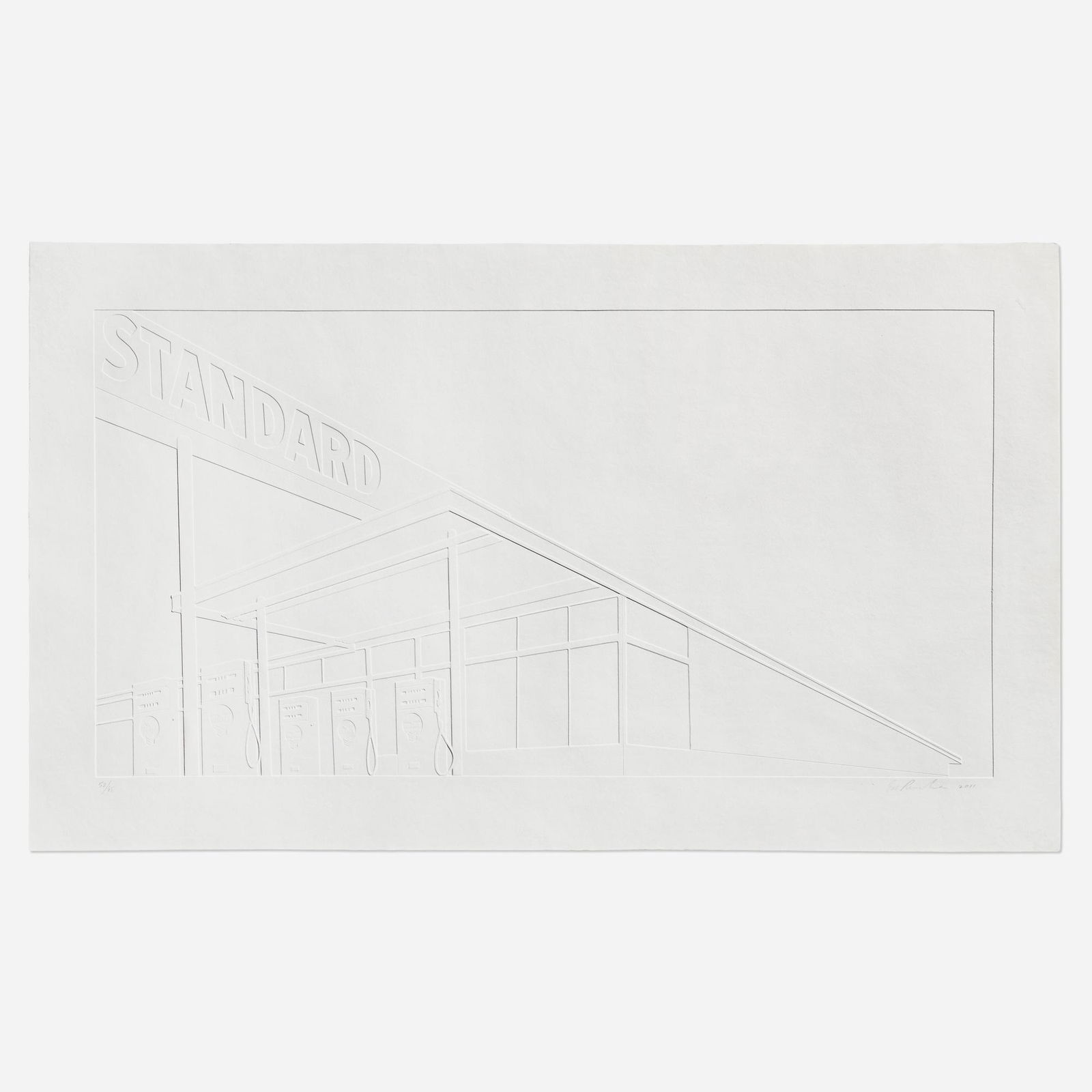 Ed Ruscha, Ghost Station: Ed Ruscha Ghost Station 2011Mixografia on hand made paper image: 20.75 h × 39.75 w in (53 × 101 cm) sheet: 27.25 h × 45.75 w in (69 × 116 cm) Signed, dated and numbe