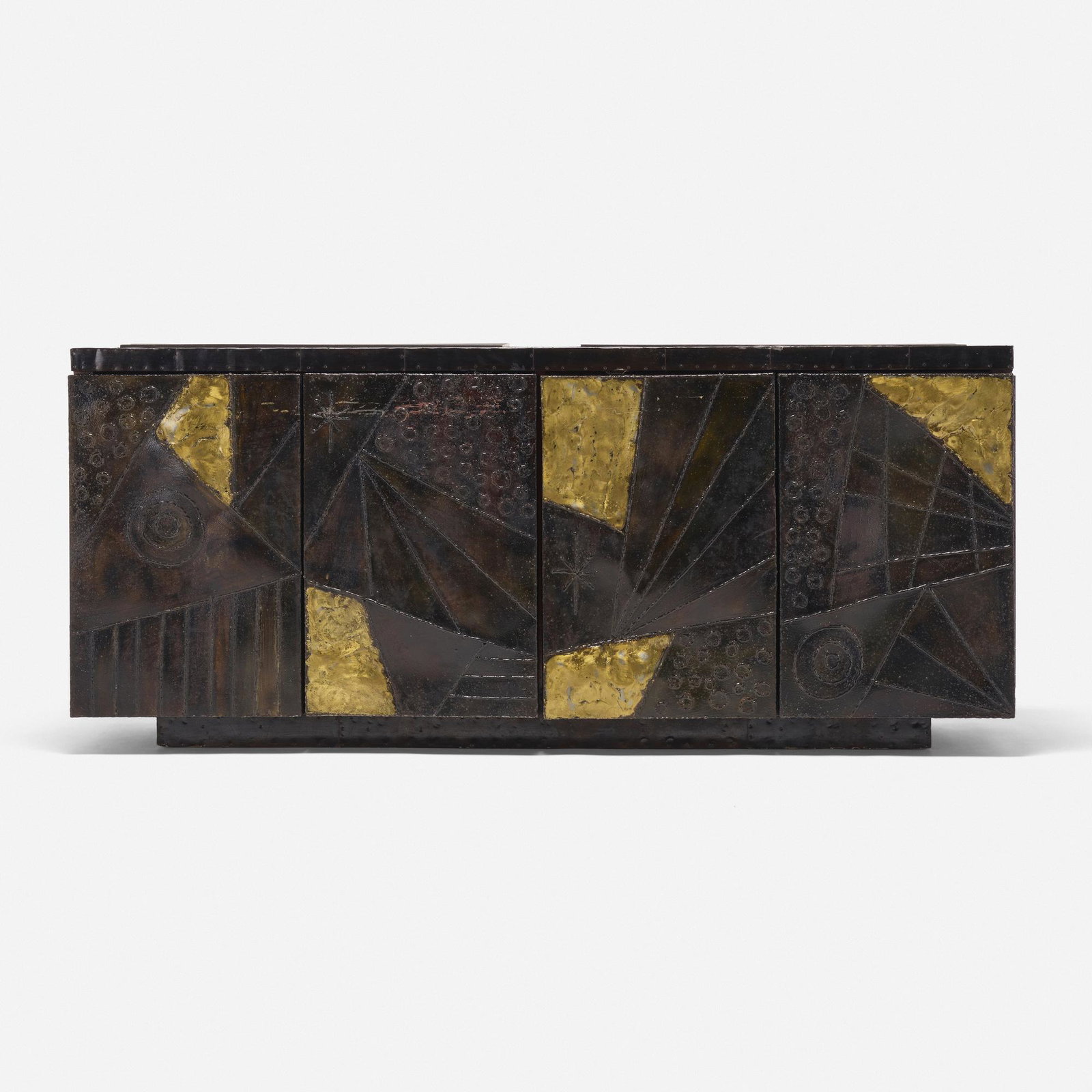 Paul Evans, Cabinet, model PE-40A: Paul Evans Cabinet, model PE-40A Paul Evans Studio for DirectionalUSA, c. 1967welded, gilt and enameled steel, painted wood, enameled steel, slate 31.5 h × 72 w × 21.625 d in (80 &t