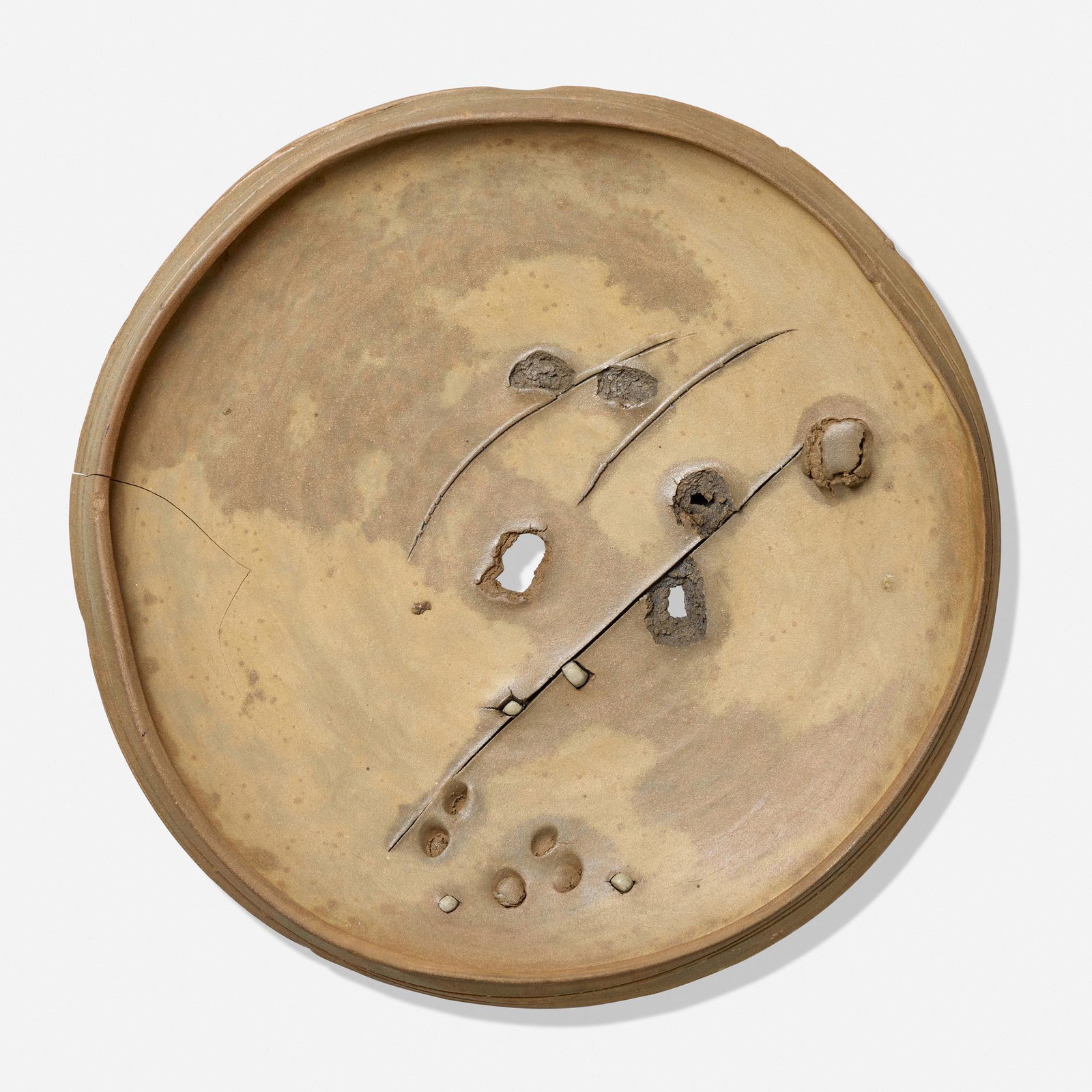 Peter Voulkos, Untitled Plate: Peter Voulkos Untitled Plate USA, 1978stoneware with porcelain pass-throughs, partial cobalt oxide slip/engobe and clear glaze 4 h × 23.5 dia in (10 × 60 cm) Glazed signature and d