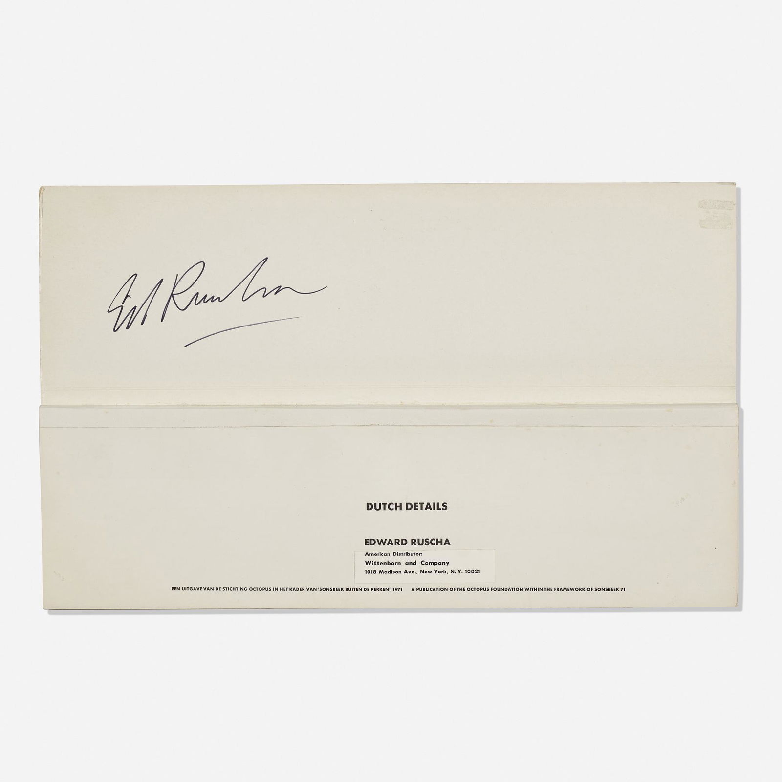 Ed Ruscha, Dutch Details: Ed Ruscha Dutch Details 1971black offset printing on heavyweight white paper 4.5 h × 15 w in (11 × 38 cm) Signed to interior page 'Ed Ruscha'. This work is from the edition of unkn