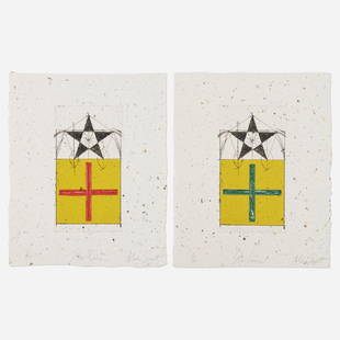 Alan Saret, Star Red; Star Green (two works): Alan Saret Star Red; Star Green (two works) 1981-83etching in colors with hand-deletions on handmade paper image: 13 h &times; 7 w in (33 &times; 18 cm) sheet: 20.25 h &times; 16 w in (51 &times;