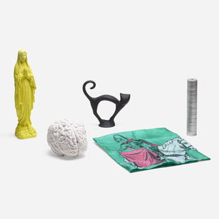 Katharina Fritsch, Collection of five sculptures: Katharina Fritsch Collection of five sculptures 1981-1989plaster, plastic, screenprint on silk, metal madonna: 12 h &times; 2.75 w &times; 2.75 d in (30 &times; 7 &times; 7 cm) cat: 6.5 h &times;