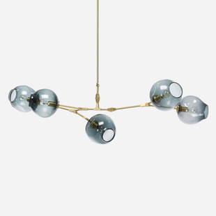 Lindsey Adelman, ...: Lindsey Adelman 5-globe Branching Bubble chandelier USA, 2016 brushed brass, grey glass 56.5 h × 66 w × 22.5 d in (144 × 168 × 57 cm) Impressed artist's mark to joinery.