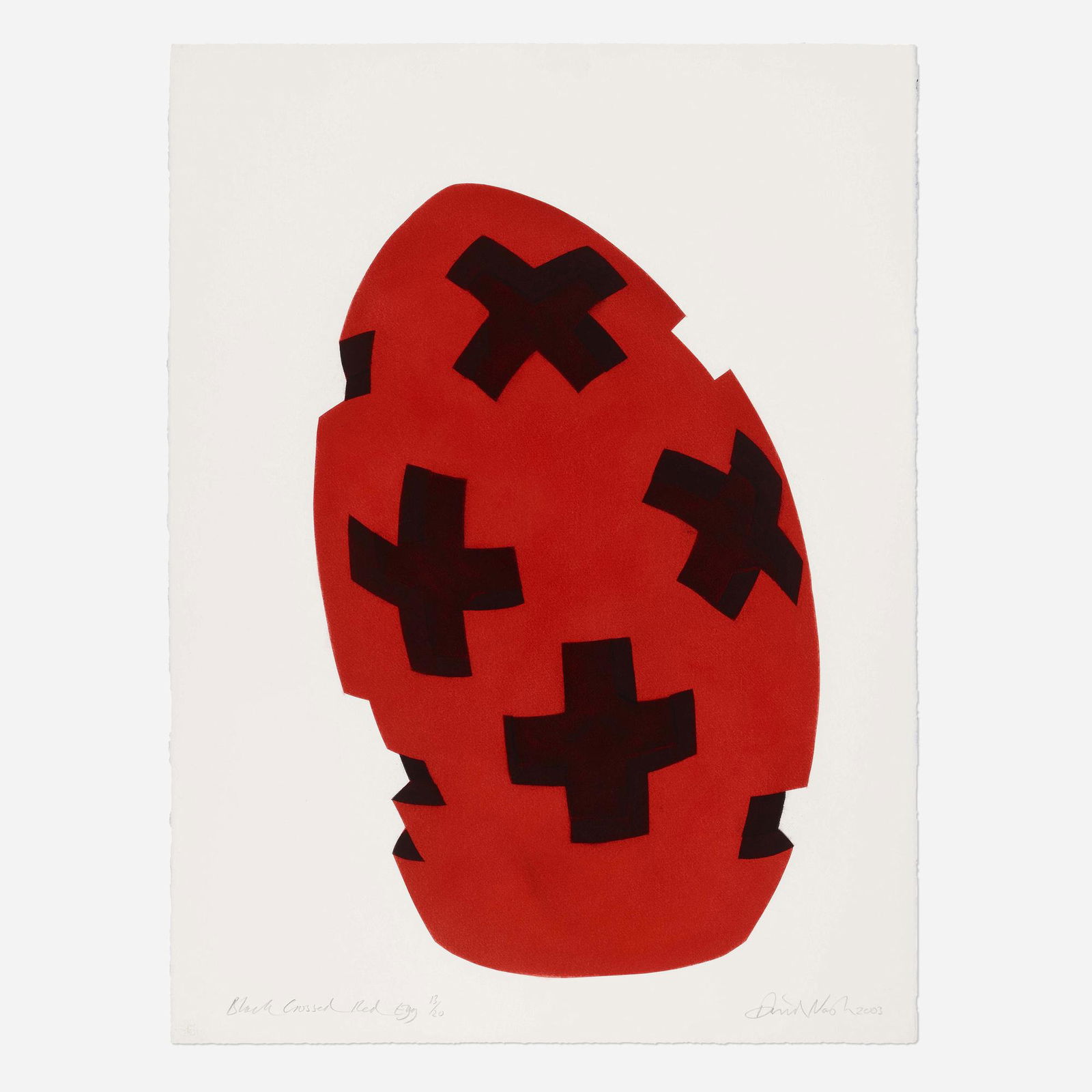 David Nash, Black Crossed Red Egg: David Nash Black Crossed Red Egg 2003pastel pochoir on paper 30 h × 22.5 w in (76 × 57 cm) Signed, titled, dated and numbered to lower edge 'Black Crossed Red Egg 13/20 David Nash