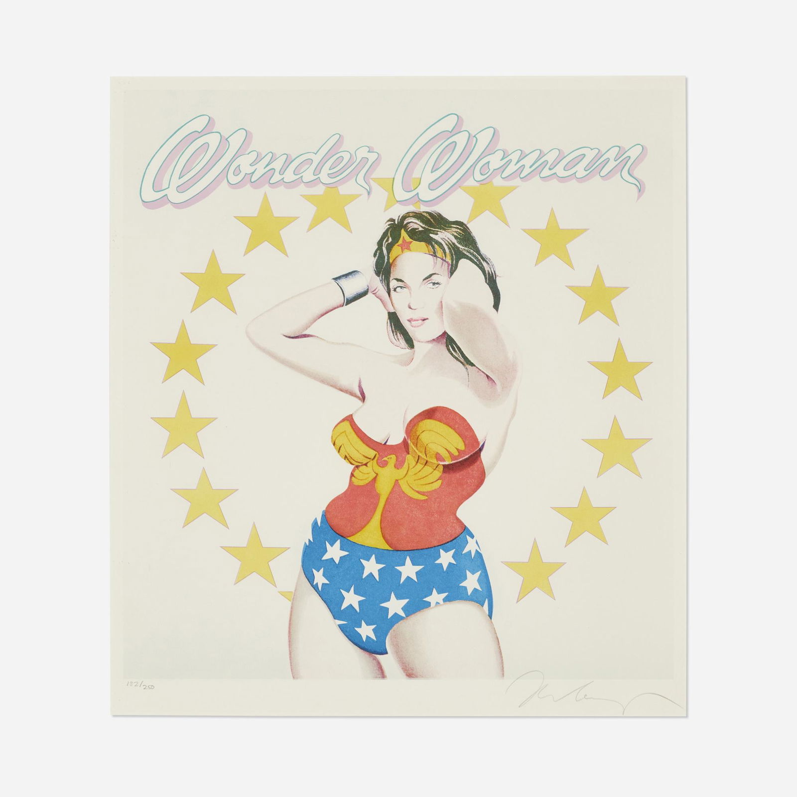 Mel Ramos, Wonder Woman #2: Mel Ramos Wonder Woman #2 1981lithograph in colors sight: 20.5 h × 18.25 w in (52 × 46 cm) Signed and numbered to lower edge '182/250 Mel Ramos'. This work is number 182 from the e