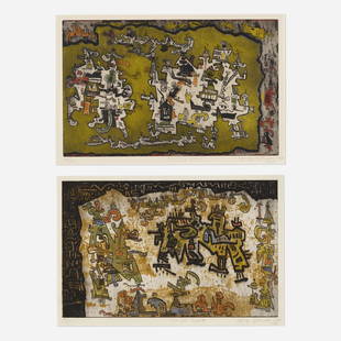 Ynez Johnston, Hunting Scene; Tribal ...: Ynez Johnston Hunting Scene; Tribal Coast (two works) 1964 etching and aquatint in colors image: 11.5 h Ã— 18 w in (29 Ã— 46 cm) sheet: 22 h Ã— 16.75 w in (56 Ã— 43 cm) Signed, titled,