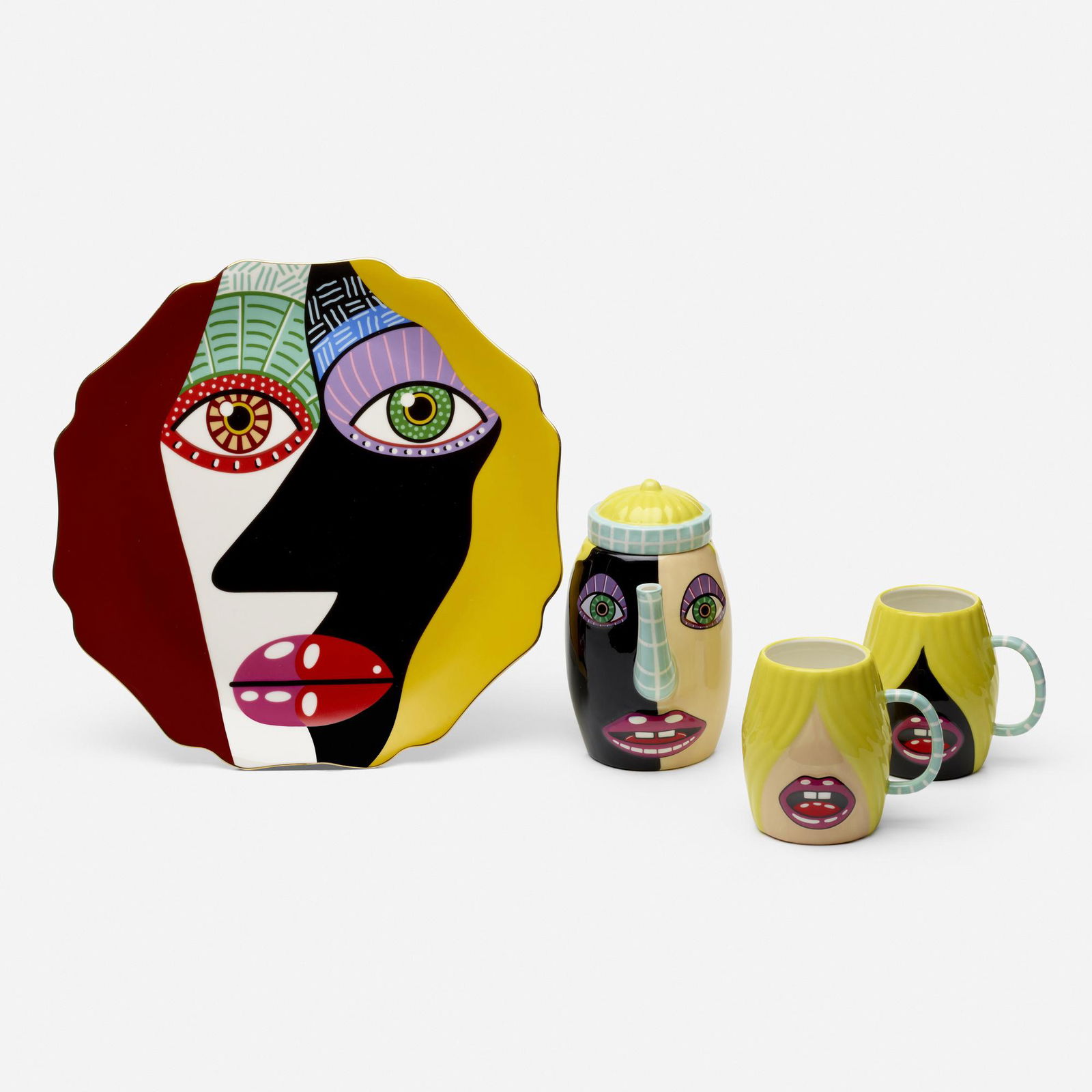 Brian Calvin, Shared Space; Tea ...: Brian Calvin Shared Space; Tea Together (two works) 2021glazed porcelain plate: 14.375 h Ã— 14.375 w in (37 Ã— 37 cm) teapot: 7.875 h Ã— 7.875 w Ã— 4.5 d in (20 Ã— 20 Ã— 11 cm) cups: