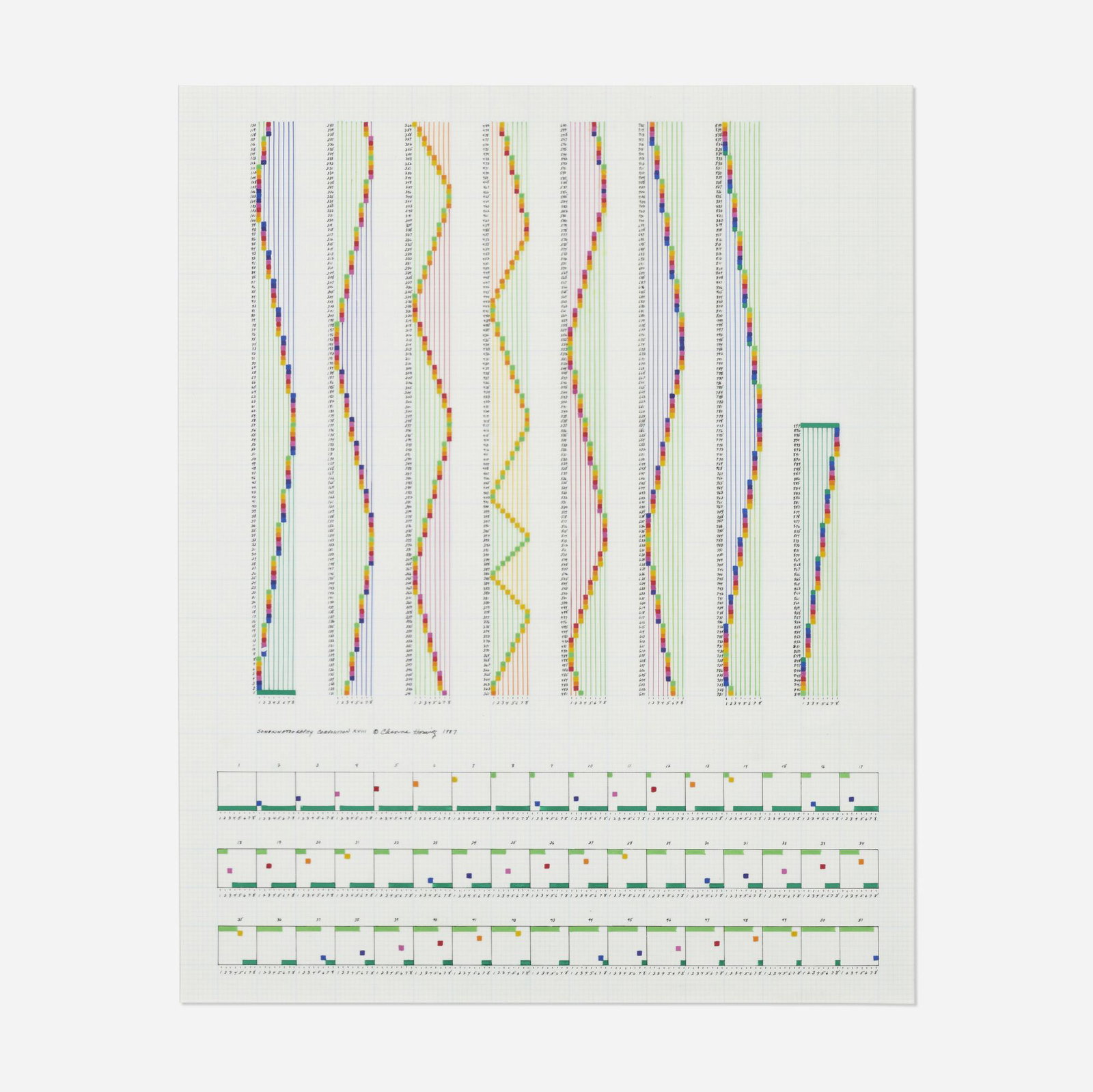 Channa Horwitz, Sonakinatography Composition: Channa Horwitz Sonakinatography Composition XVIII 1987casein and ink on mylar graph paper sight: 23.875 h × 19 w in (61 × 48 cm) Signed, titled and dated to lower left 'Sonakinatog