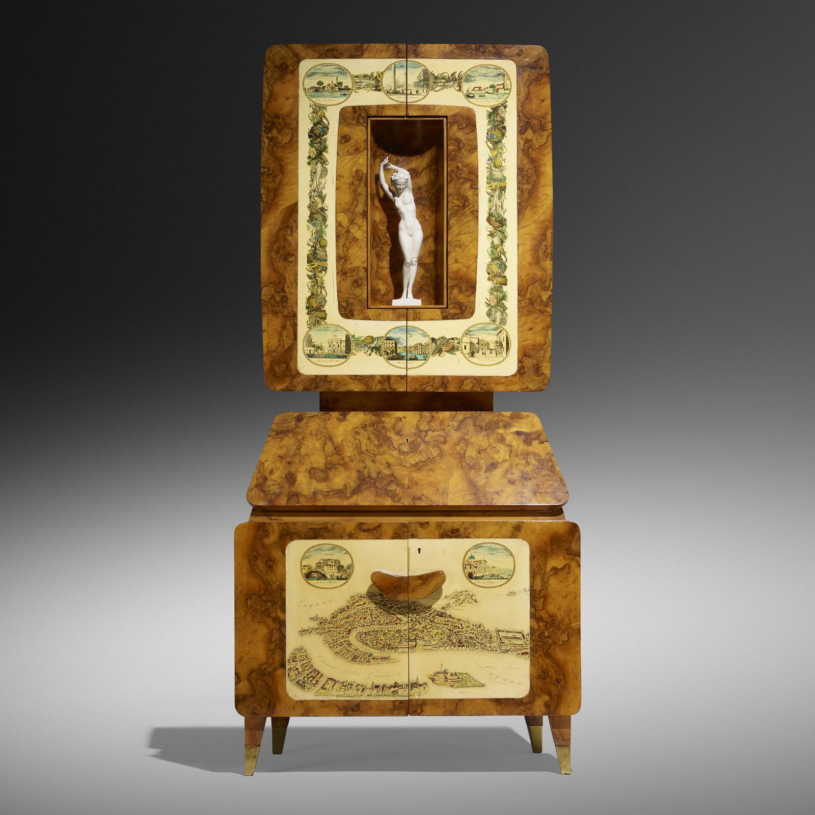Gio Ponti and Piero Fornasetti, Trumeau from ...: Gio Ponti and Piero Fornasetti Trumeau from Casa Ceccato, Milan Giordano ChiesaItaly, 1950Ferrara walnut root, hand-painted and lithographic transfer-printed wood, brass, porcelain cabinet: 86