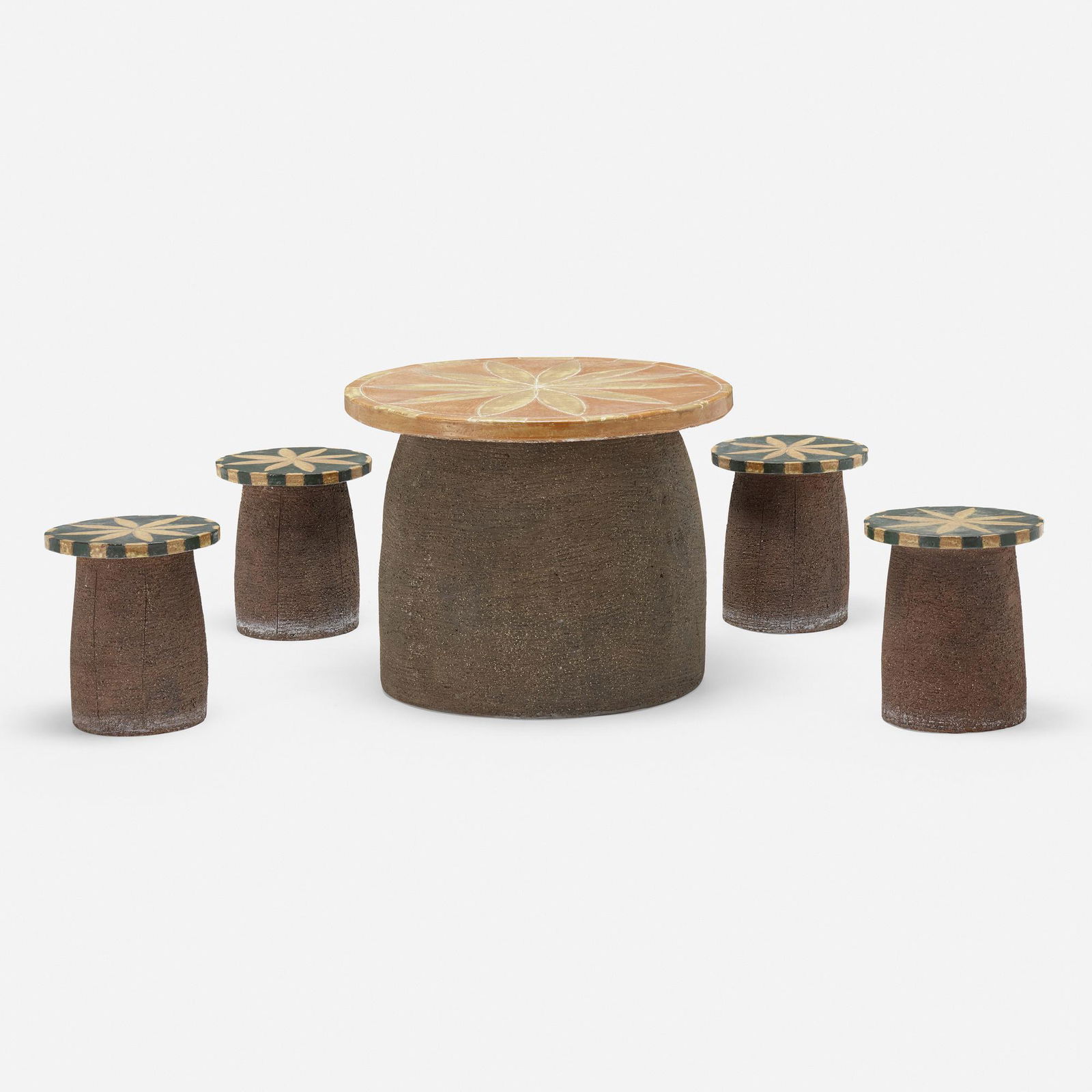 Stan Bitters, Mushroom table and stools: Stan Bitters Mushroom table and stools, set of five Hans SumpfUSA, c. 1977glazed stoneware table: 21 h × 27 dia in (53 × 69 cm) stool: 13.25 h × 12 dia in (34 × 30 cm