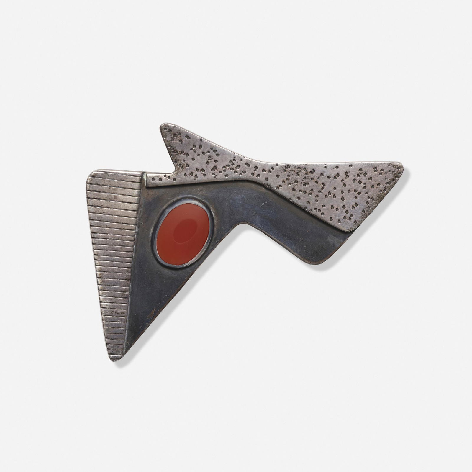 Ed Wiener, Brooch: Ed Wiener Brooch USA, c. 1955sterling silver, carnelian 2.375 h × 3.125 w in (6 × 8 cm) Impressed signature and marks to reverse 'Ed Wiener Sterling'. Provenance: