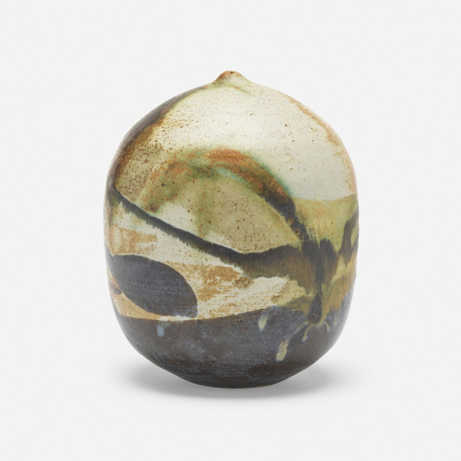 Toshiko Takaezu, Untitled Closed Form: Toshiko Takaezu Untitled Closed Form (with rattle) c. 1995glazed stoneware 7 h × 5.5 dia in (18 × 14 cm) Incised signature to underside 'TT'. Provenance: Ac