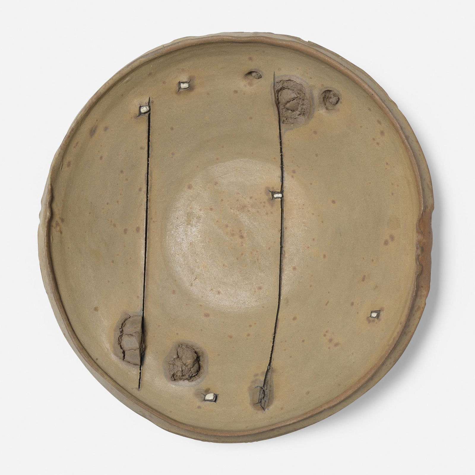 Peter Voulkos, Untitled (Plate): Peter Voulkos Untitled (Plate) USA, 1977stoneware with porcelain pass throughs, partial cobalt oxide slip/engobe and clear glaze 4.375 h × 21.75 dia in (11 × 55 cm) Glazed signatur