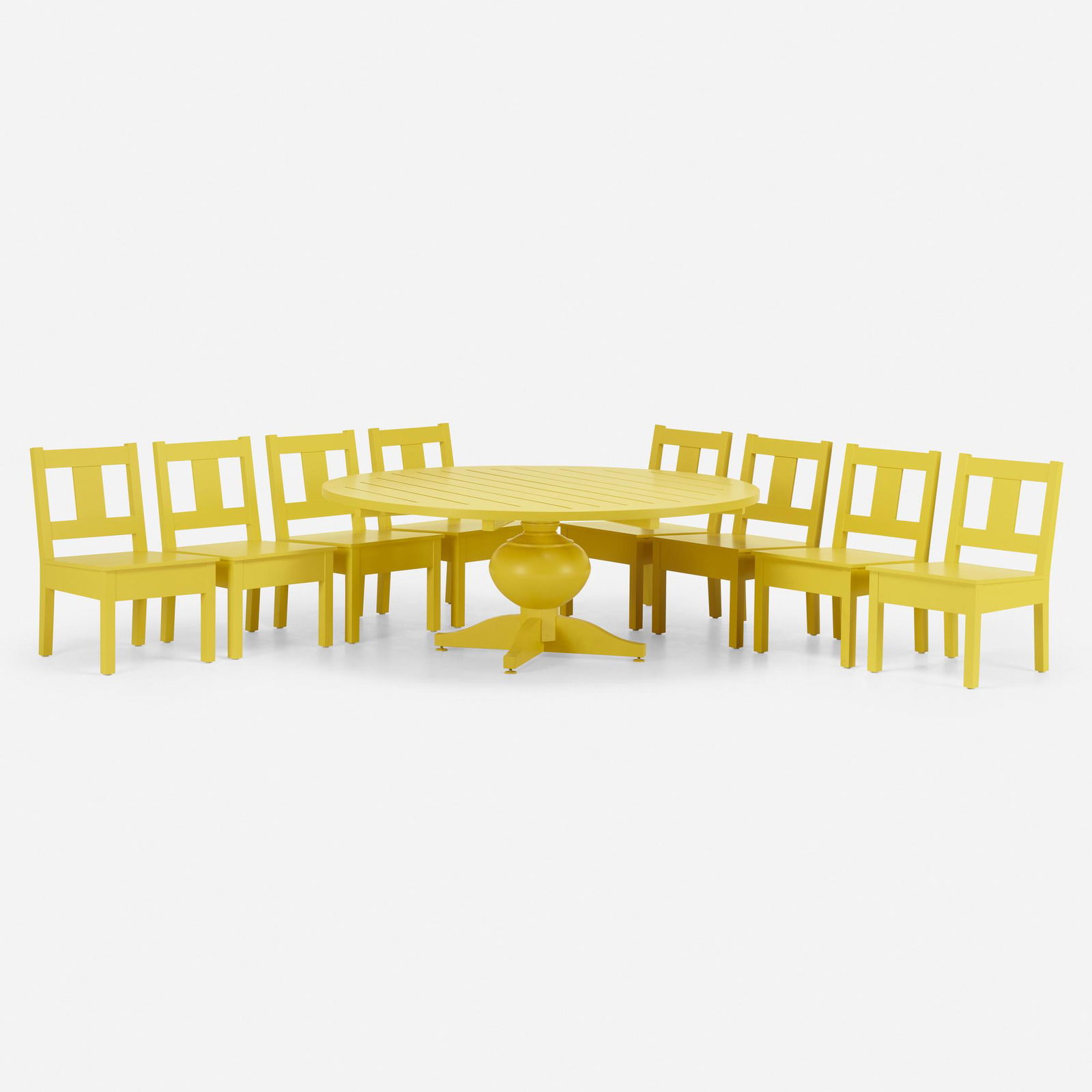 Roy McMakin, Outdoor dining table and chairs: Roy McMakin Outdoor dining table and chairs, set of eight Domestic Furniture CompanyUSA, 2001mahogany, spun aluminum, and enamel paint table: 28.5 h Ã— 72 dia in (72 Ã— 183 cm) chairs: 34.25