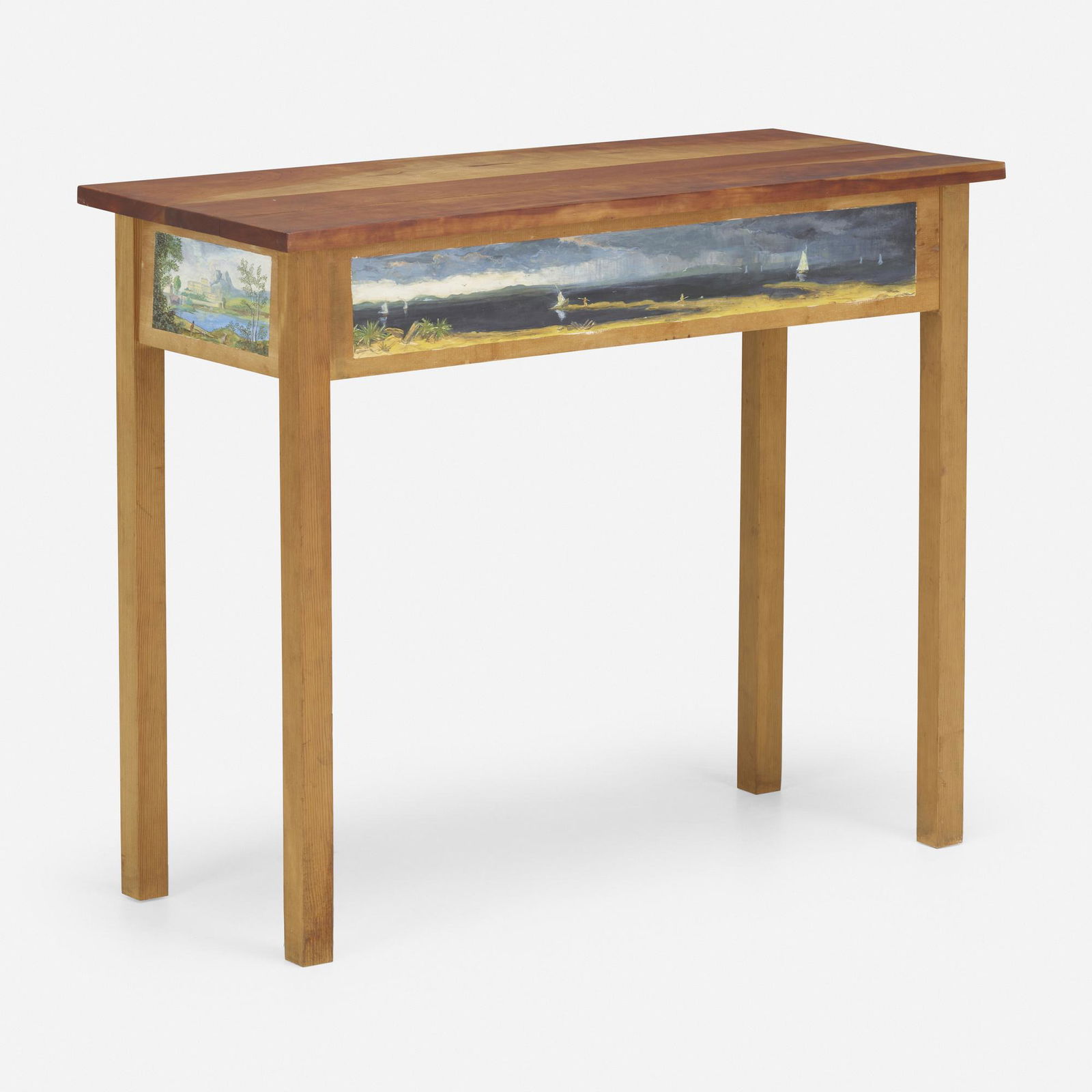 Roy McMakin, Untitled side table: Roy McMakin Untitled side table USA, 1980pine, cherry, acrylic on wood construction 30 h Ã— 36 w Ã— 16 d in (76 Ã— 91 Ã— 41 cm) Table features hand-painted landscape panels after Martin Jo